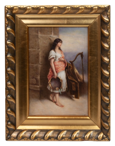 Plakieta “Dziewczyna z tamburynem” XIX w. , antyki Warszawa, skup antyków, dawne malarstwo, malarstwo aukcyjne, malarstwo polskie, Galeria Żak