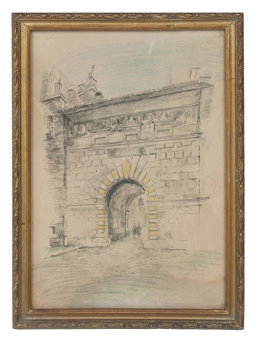 Józef Cempla “Brama Wazów na Wawelu” Kraków 1954 r.    , antyki Warszawa, skup antyków, dawne malarstwo, malarstwo aukcyjne, malarstwo polskie, Galeria Żak