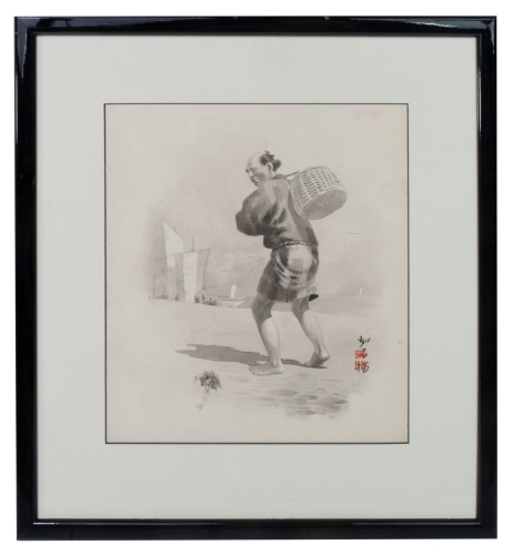 Japanese painter “Fisherman on the beach”, early 20th century   , antique Warsaw, antique paintings, Galeria Żak, art, antiques