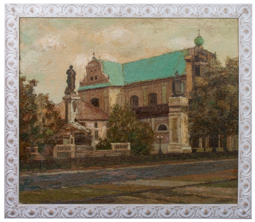 Jerzy Lemene “Pomnik Adama Mickiewicza na tle Kościoła Wniebowzięcia NMP i Świętego Józefa”, 1976 r., antyki Warszawa, skup antyków, dawne malarstwo, malarstwo aukcyjne, malarstwo polskie, Galeria Żak