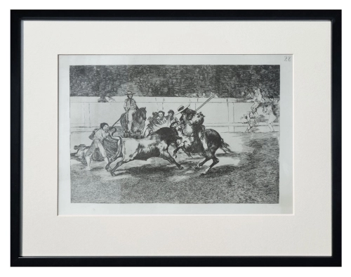 Francisco Goya “Odważny Rendon kłuje piką byka - zapłaci za to życiem na arenie w Madrycie” z cyklu "La Tauromaquia". , ok. 1850 r., antyki Warszawa, skup antyków, dawne malarstwo, malarstwo aukcyjne, dawna grafika, Galeria Żak