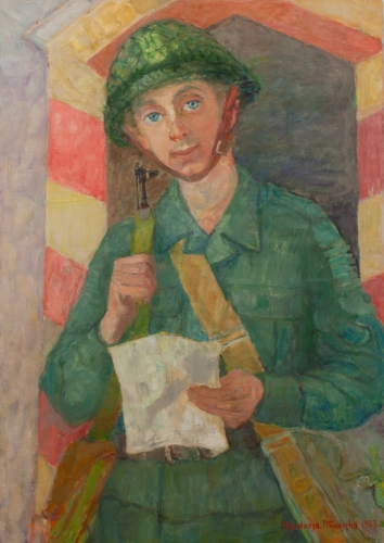 Teodozja Młynarska “Żołnierz” 1973 r. , antyki Warszawa, skup antyków, dawne malarstwo, malarstwo aukcyjne, malarstwo polskie, Galeria Żak