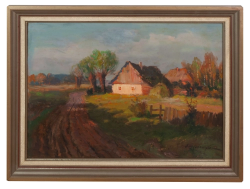 Tadeusz Wyrzykowski “Słoneczne popołudnie na wsi” , antyki Warszawa, skup antyków, dawne malarstwo, malarstwo aukcyjne, malarstwo polskie, Galeria Żak