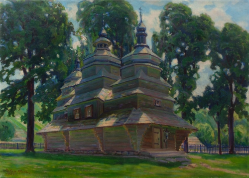 Stefan Frisch “Wooden church in Buskowisko”, 1927   , antique Warsaw, antique paintings, Galeria Żak, art, antiques