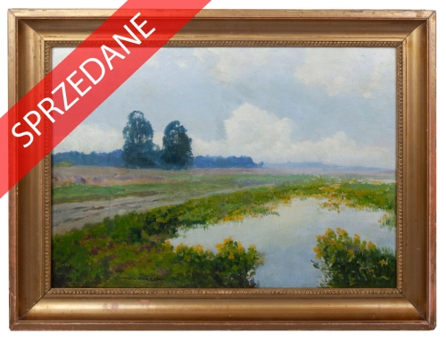 Wiktor Korecki "Pejzaż letni z kaczeńcami", antyki Warszawa, skup antyków, dawne malarstwo, malarstwo aukcyjne, malarstwo polskie, Galeria Żak