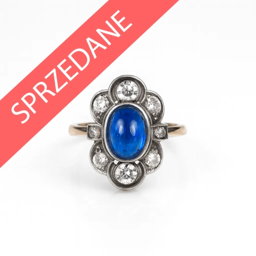 Pierścionek z brylantami i szafirem, antyki Warszawa, skup antyków, dawna biżuteria, antyki, Galeria Żak