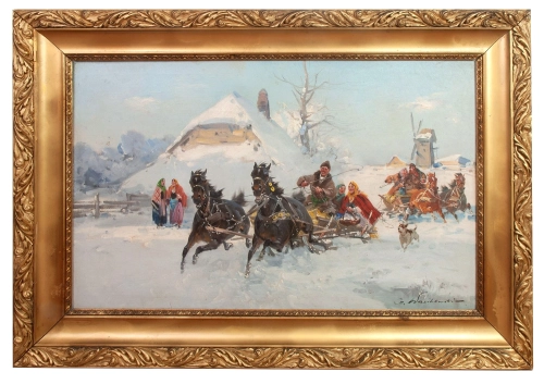 Czesław Wasilewski “Wesoła jazda” , antyki Warszawa, skup antyków, dawne malarstwo, malarstwo aukcyjne, malarstwo polskie, Galeria Żak
