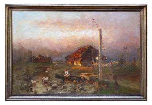 Juliusz Klewer “Przed chatą” 1912 r., antyki Warszawa, skup antyków, dawne malarstwo, malarstwo aukcyjne, malarstwo polskie, Galeria Żak