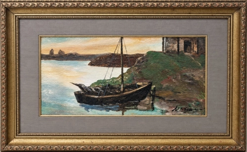 Marian Mokwa "Łódź na wybrzeżu", ok. 1950 r., antyki Warszawa, skup antyków, dawne malarstwo, malarstwo aukcyjne, malarstwo polskie, Galeria Żak