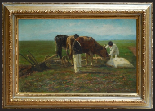 Ferenc Heverdle "Praca na polu", 1906 r.,antyki, galeria żak, malarstwo polskie, dzieła sztuki