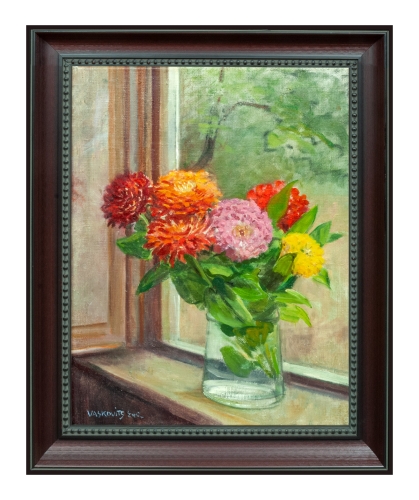 Erzsébet Vaskovics "Kwiaty w oknie na ogród", antyki, galeria żak, malarstwo polskie