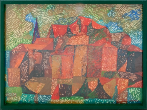 Karol Grams "Pejzaż kubistyczny", 1968 r., antyki, galeria żak, malarstwo polskie, dzieła sztuki