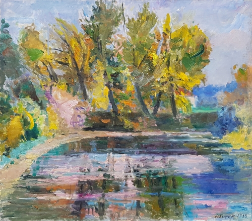 Aleksander Turek "Pejzaż ze stawem", 1989 r., antyki, galeria żak, malarstwo polskie, dzieła sztuki
