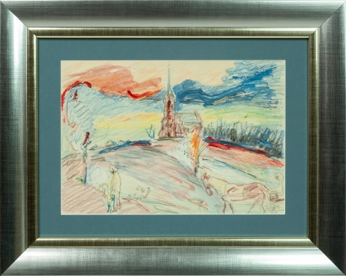 Władysław Popielarczyk "Pejzaż z kościołem", 1983 r ., antyki, galeria żak, malarstwo polskie, dzieła sztuki