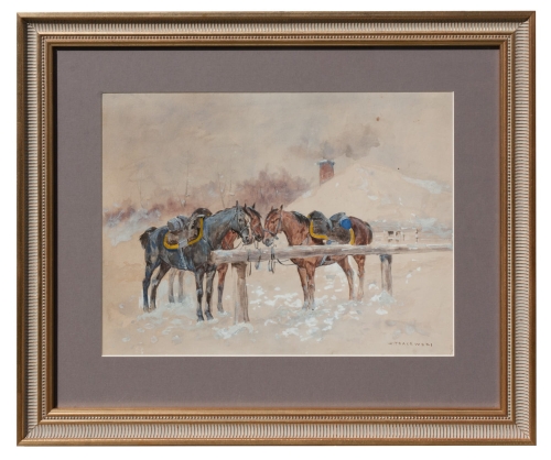 Wacław Tracewski „Horses in front of the cottage”,antiques, polish paintings, old paintings, antique paintings, antiques Warsaw,  Galeria Żak