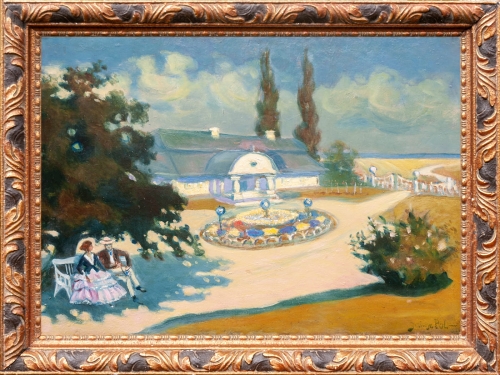 Juliusz Pol "Przed dworkiem w letni dzień", malarstwo polskie, polski dworek, antyki, Galeria Żak