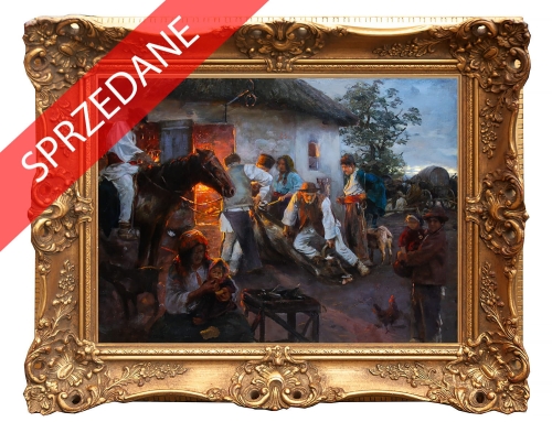 Szkoła monachijska "Scena przed kuźnią", malarstwo węgierskie, Stare obrazy, antyki