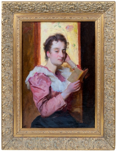 Felix Calvelli "Dziewczyna z książką",antyki, galeria żak, malarstwo polskie, dzieła sztuki