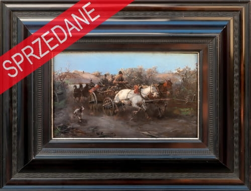 Jan Konarski "Wyjazd ze wsi", polscy monachijczycy, Alfred Wierusz-Kowalski, dawne malarstwo, antyki obrazy