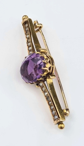Amethysts and pearls brooch, old jewelry, antiques, Galeria Żak