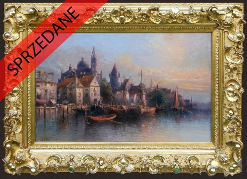 Karl Kaufmann "Scena portowa",antyki, galeria żak, malarstwo polskie, dzieła sztuki
