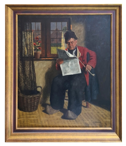Wilhelm Gdanietz „Mężczyzna czytający gazetę”, antyki, Galeria Żak, malarstwo aukcyjne, malarstwo dawne, skup antyków