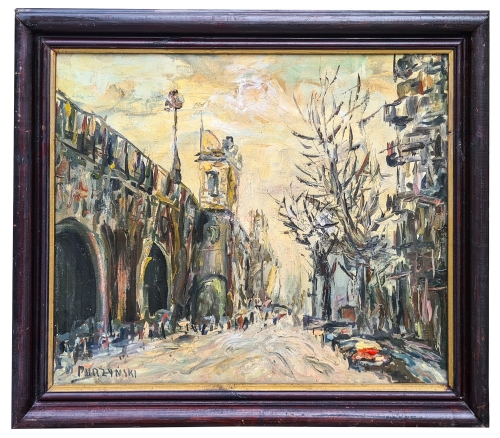 Stefan Purzyński „Pejzaż miejski”, antyki, galeria żak, malarstwo polskie, dzieła sztuki