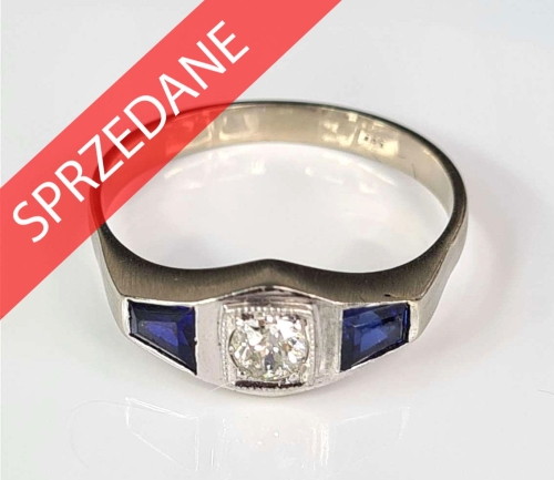 Pierścionek z brylantem i szafirami, dawna biżuteria, antyki, antyki Warszawa, skup antyków