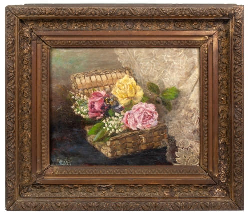 Zofia Brühl – Gołąbowa „Roses and lilies of the valley in a wicker basket”, 1906 , antique paintings, antiques Warsaw, Galeria Żak