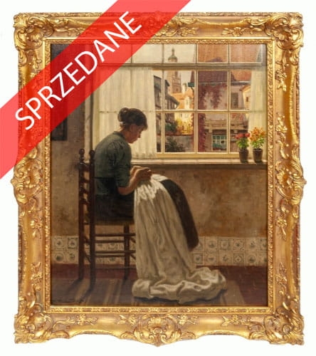 Peter Pulm  "Popołudniowe robótki”, antyki, malarstwo dawne, obrazy aukcyjne, Galeria Żak, skup antyków Warszawa