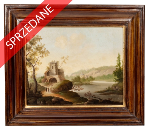Christian Georg Schütz (?) „Pejzaż z ruinami zamku” , antyki, galeria żak, malarstwo dawne, pejzaże