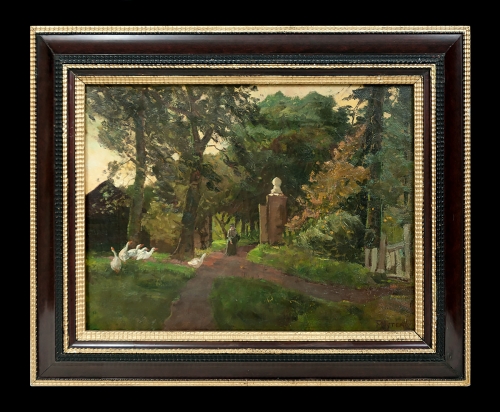 Theodor van Hoytema "Gęsi w parku pałacowym",antyki, galeria żak, malarstwo polskie, dzieła sztuki