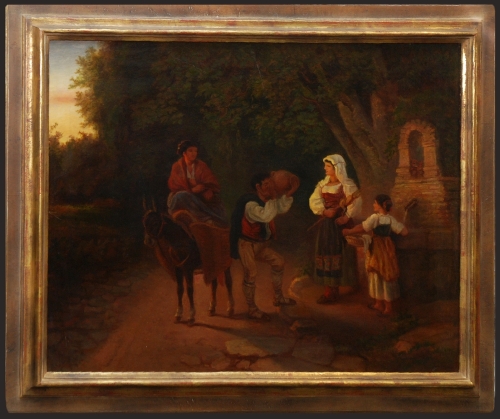 Augusto Ferri "Postój przy fontannie", ok. 1860 r.,antyki, galeria żak, malarstwo polskie, dzieła sztuki