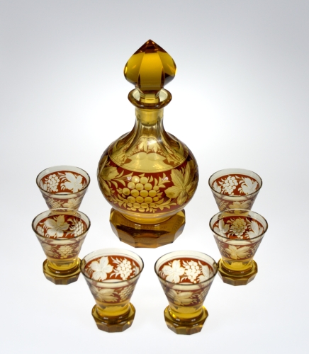 Zestaw do alkoholi, Czechy, ok. 1930 r., antyki Warszawa, stare szkła, szkła antyczne, karafka, kieliszki